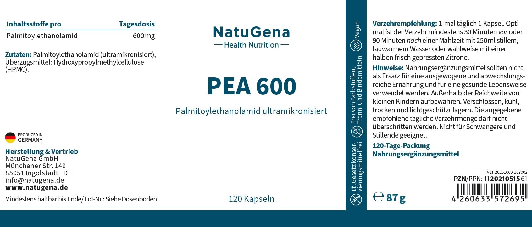 NatuGena PEA 600 mg reines Palmitoylethanolamid ultramikronisiert, Gruppe der N-Acylethanolamide, frei von synthetischen Zusatzstoffen, flexibler Verzehr, vegan, 120 Kapseln (120 Tage Packung)