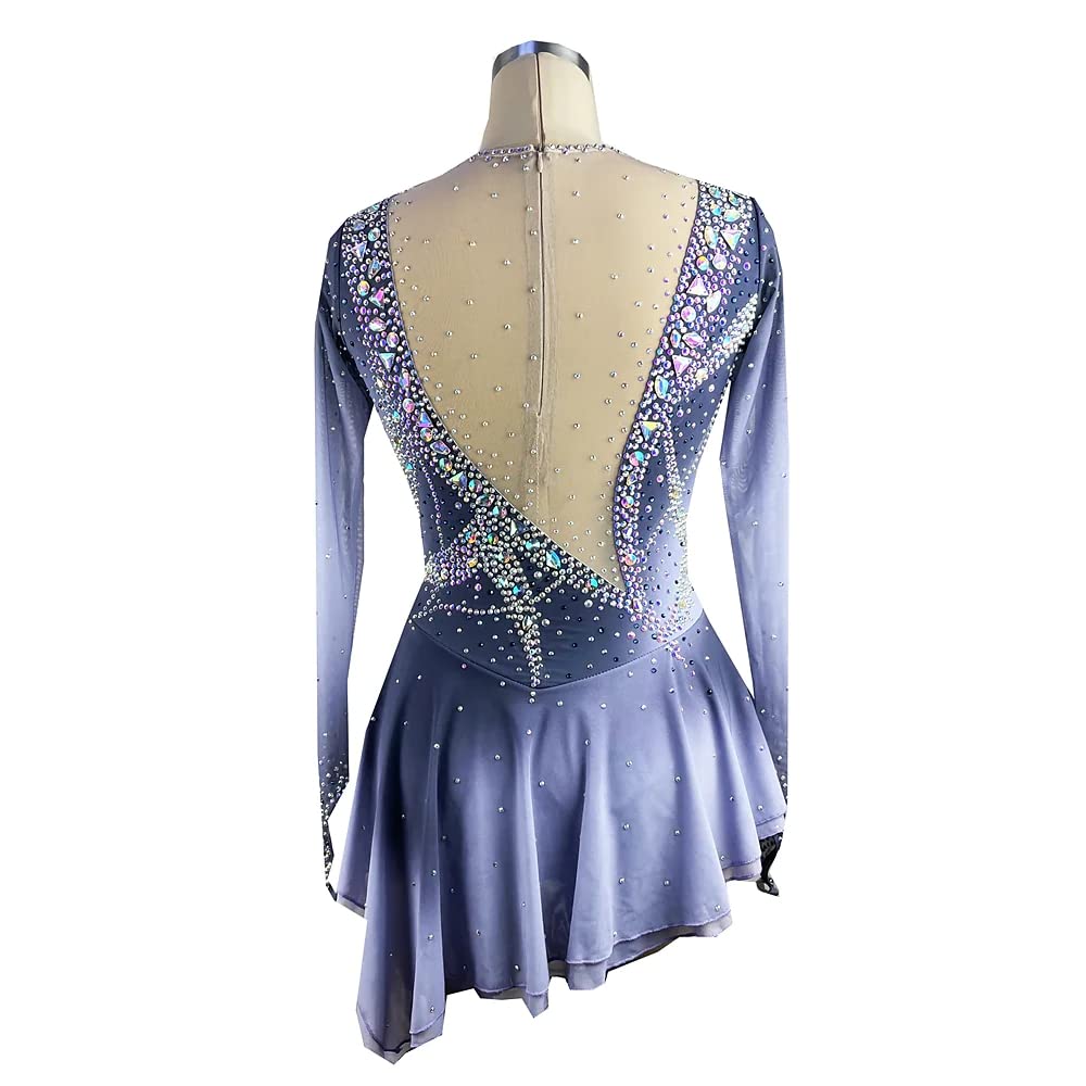 Professionelles Eislauf Kleid Für Mädchen Handgefertigtes Eiskunstlauf Wettbewerb Kostüm Langärmliges Farbverlauf Silber Netzrock Für Rhythmische Gymnastik Strasssteine Rollschuhlaufen