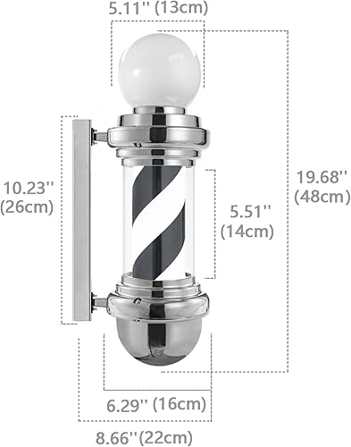 Miniatura 2 de Luz de poste de peluquería de 20 pulgadas, mini letrero giratorio en blanco y negro plateado, montaje en pared, ahorra energía