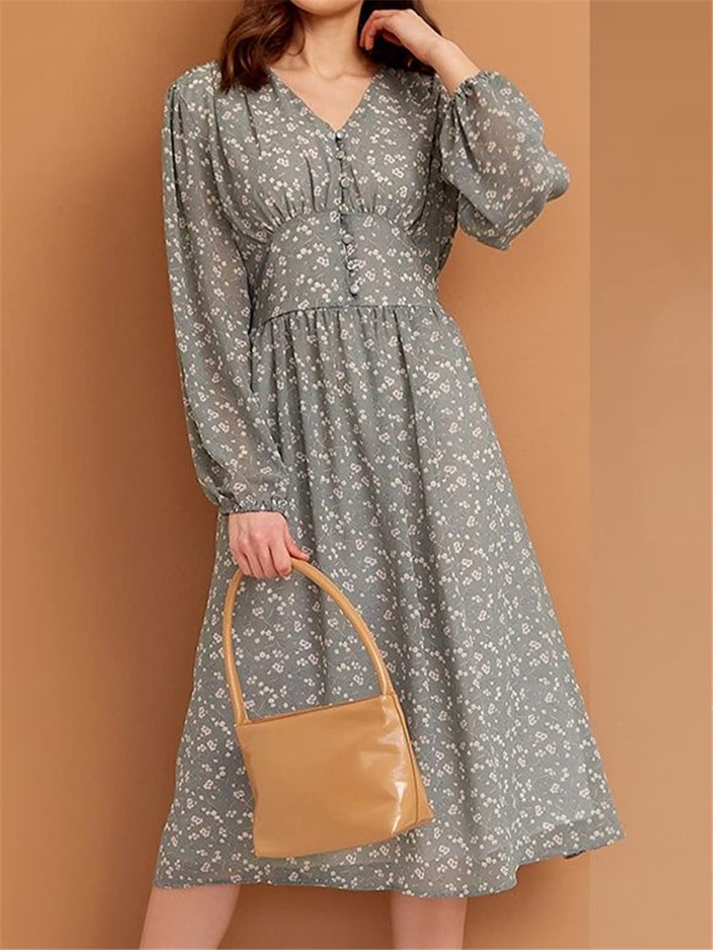Vestido midi de manga larga con cuello en V y estampado floral para mujer, estilo francés, cintura imperio