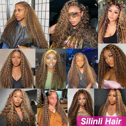 Image of 20 Inch Highlight Ombre Deep Wave Lace Front Wigs Human Hair 180% Density 4 /27 Colored Honey Blonde Human Hair Wig 13x6 HD Lace Front Wig Pre Plucked No Synthetic Blend No Tangle No Shedding