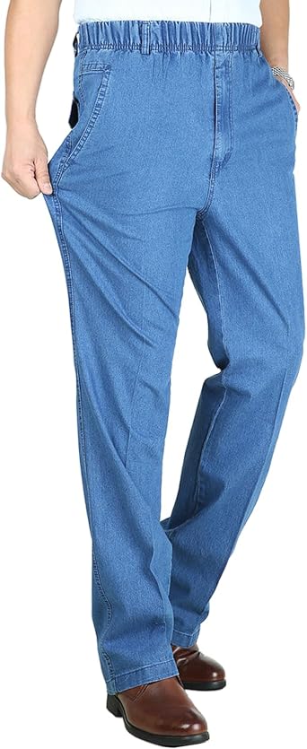 Viatabuna Mens Elastic Waist Jeans for Seniors Stretchy Relaxed Fit Pajama Jeans Pull On Dad Denim Pants with Pockets
