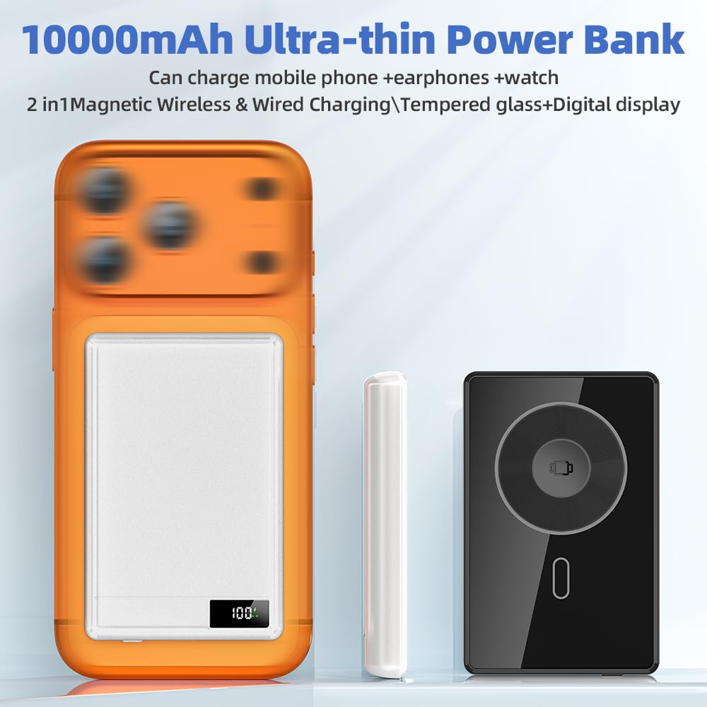 Batterie externe magnétique sans fil 10 000 mAh compatible avec MagSafe, 20 W PD USB-C Charge rapide, chargeur portable fin avec écran numérique pour smartphone, écouteurs et montre, finition
