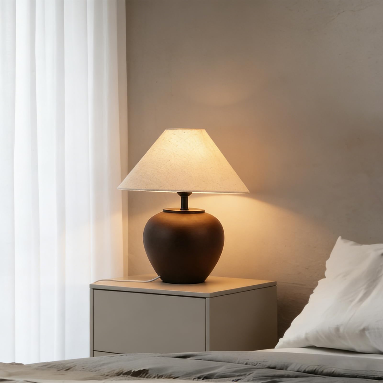 Lampada Da Tavolo In Ceramica Nera, Moderna Fattoria Rustica Scrivania Fatta A Mano, Comodino Per Soggiorno (Nero)