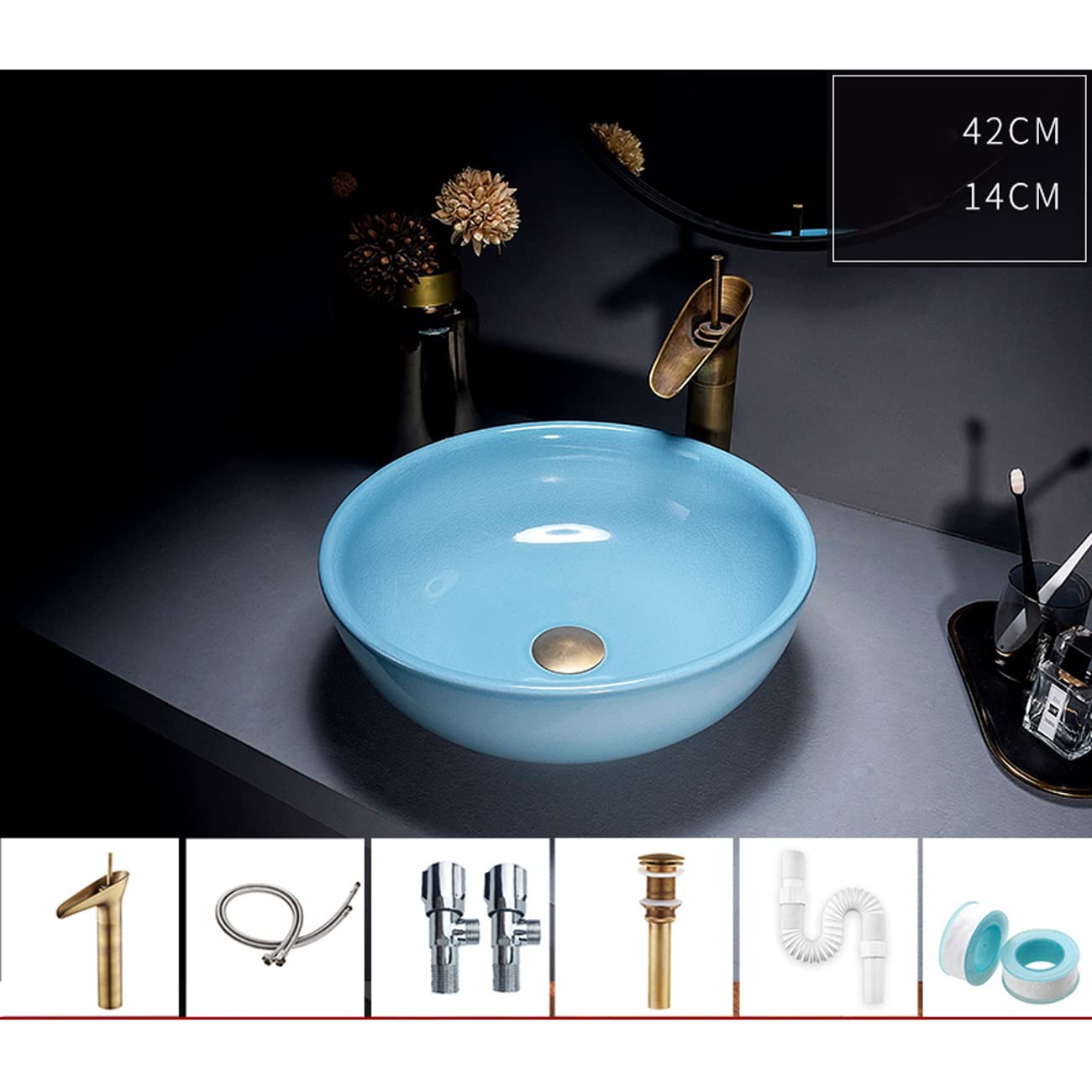 Nowoczesna Ceramiczna Umywalka Nablatowa I Bateria W Zestawie, Jasnoniebieska Porcelanowa Umywalka Łazienkowa Z Artystyczną Misą, Okrągłe Umywalki Nadblatowe Do Łazienki