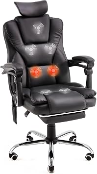 YODOLLA Ergonomic Reclining Office Chair with 7 Massage Points and Heat Function, Executive Home Desk Chair w/Retractable Footrest&Headrest, High Back Swivel Computer Chair, Black Leather