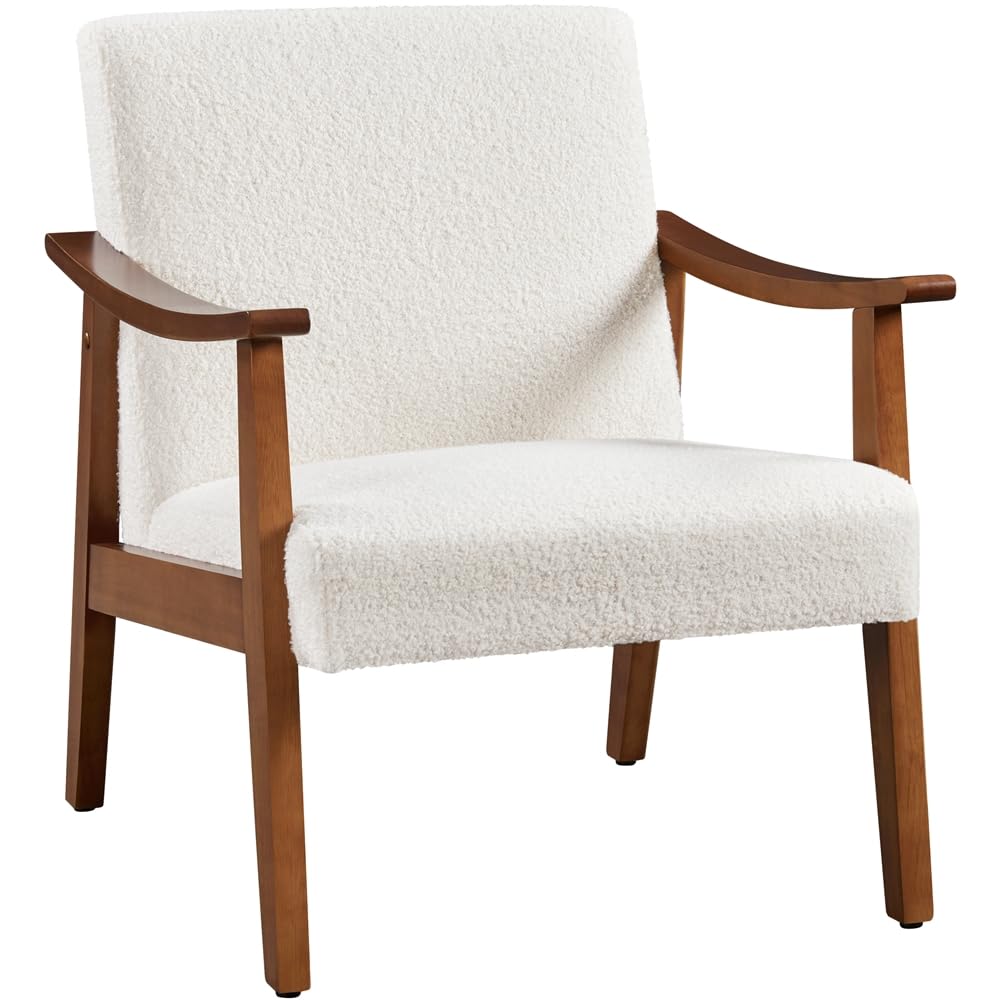 Yaheetech Butaca de Salón Tapizado en Bouclé Sillón Individual con Respaldo Acolchado y Reposabrazos de Madera Maciza Sofá Individual Ergonómico Soporte 136 kg Blanco