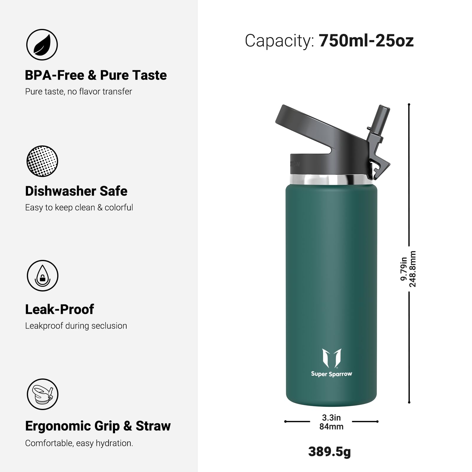 Super Sparrow Borraccia Termica - 500ml, 750ml, 1000ml, 1.2L, 1.5L- SwivelSip Inox Bottiglia - Senza BPA Borracce Termiche, Borraccia Ergonomica per Bambini, Sportiva, Bici, Campeggio, Palestra