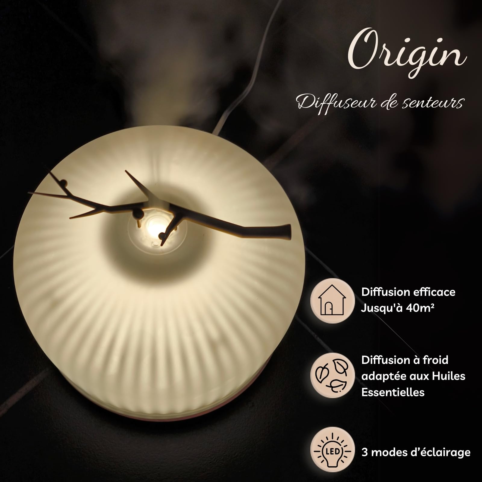 Zen’Arôme Diffuseur d’Huile Essentielle Origin – Diffuseur Ultrasonique Aromathérapie à Froid – Diffuseur Électrique pour Parfum Maison – Multifonction, Éclairage LED d’Ambiance, Silencieux et Chic