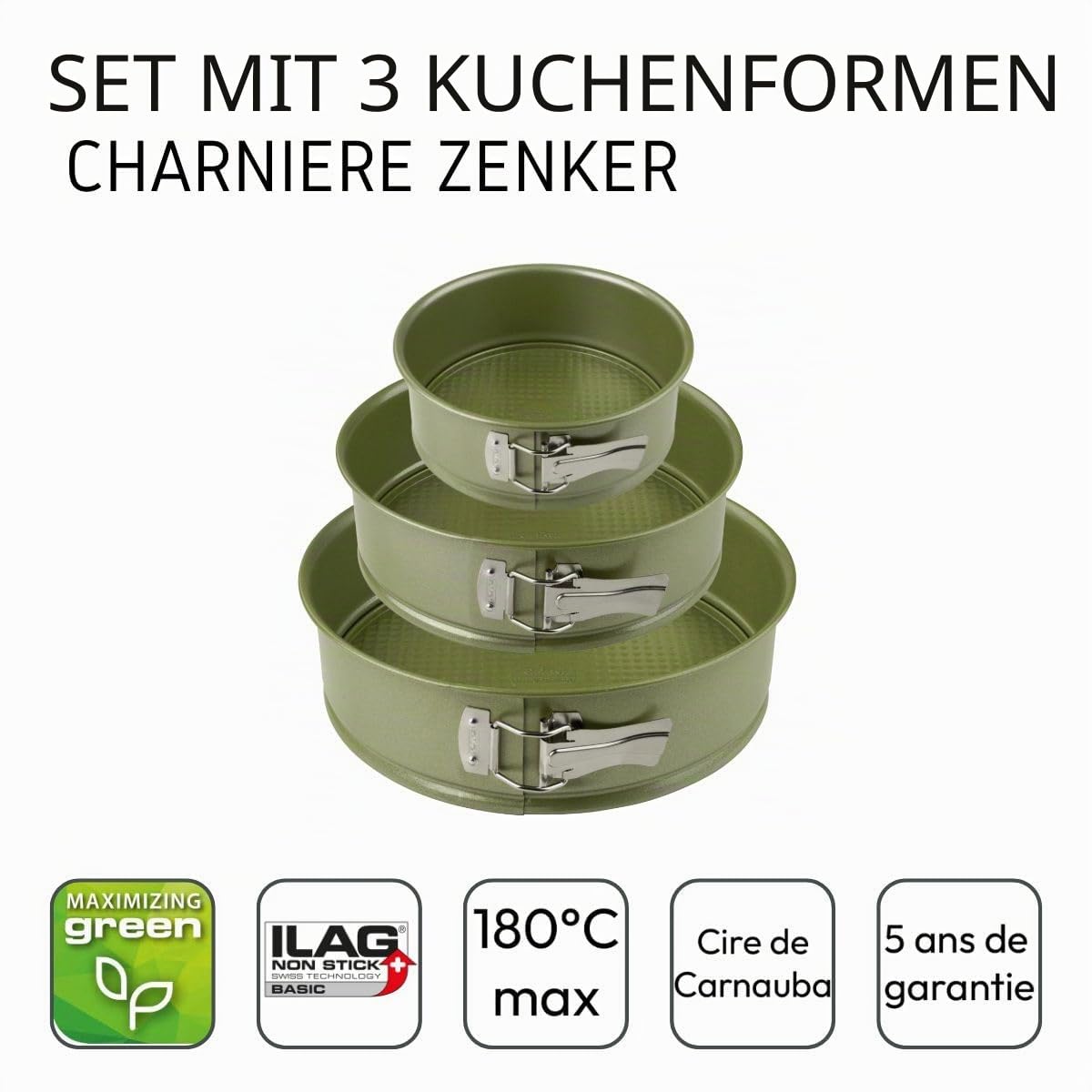 Zenker 9980950 Set 3 Springformen, Green Vision, Springform, rund, grün, umweltfreundlich, antihaftbeschichtet, ILAG, Carnaubawachs, Durchmesser 20 cm + 24 cm + 26 cm