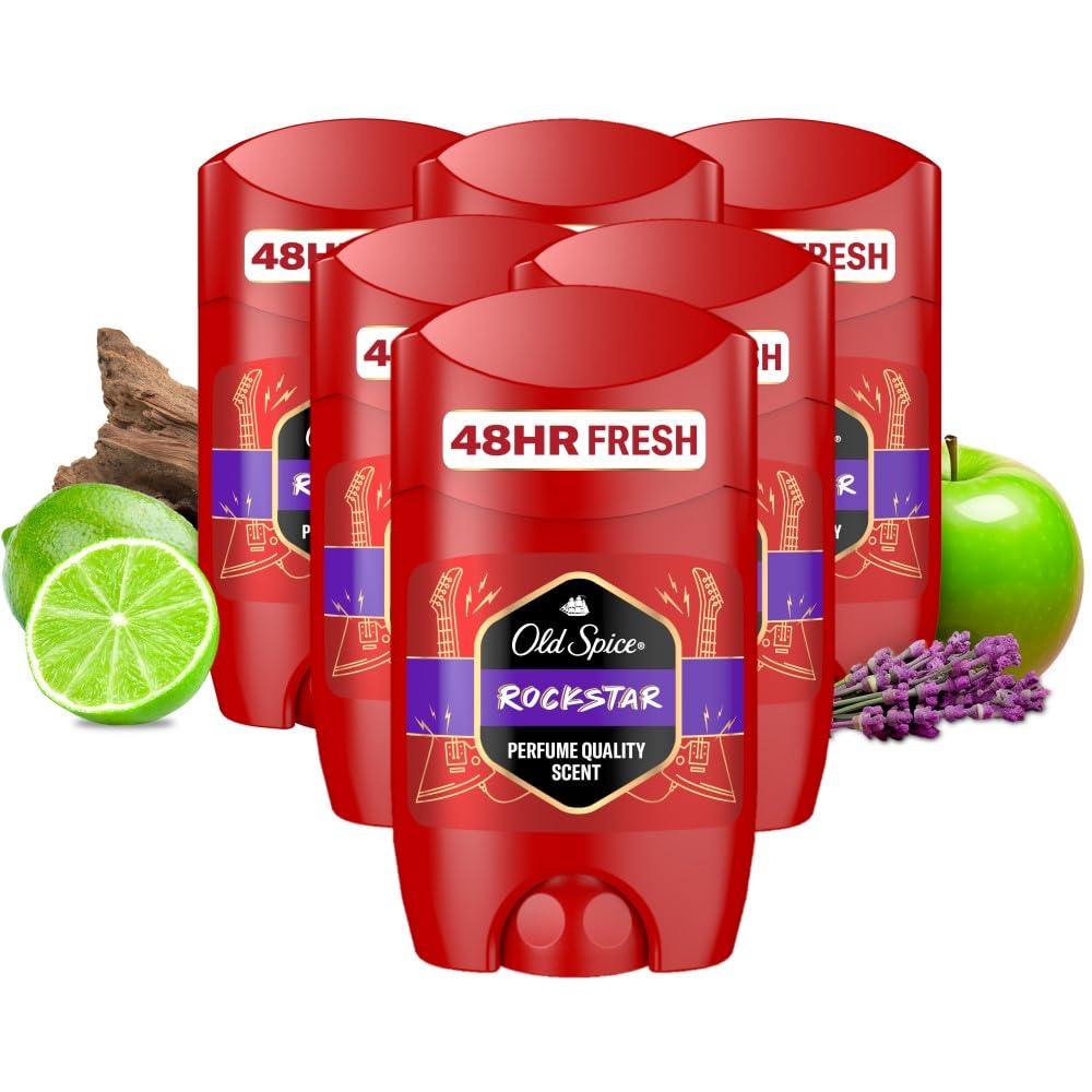 Rockstar Deodorant Stick For Men 50ml, Aluminium Free. Long Lasting Perfume Quality Scent, 48H Fresh. Invisible on Black & White pack of 6