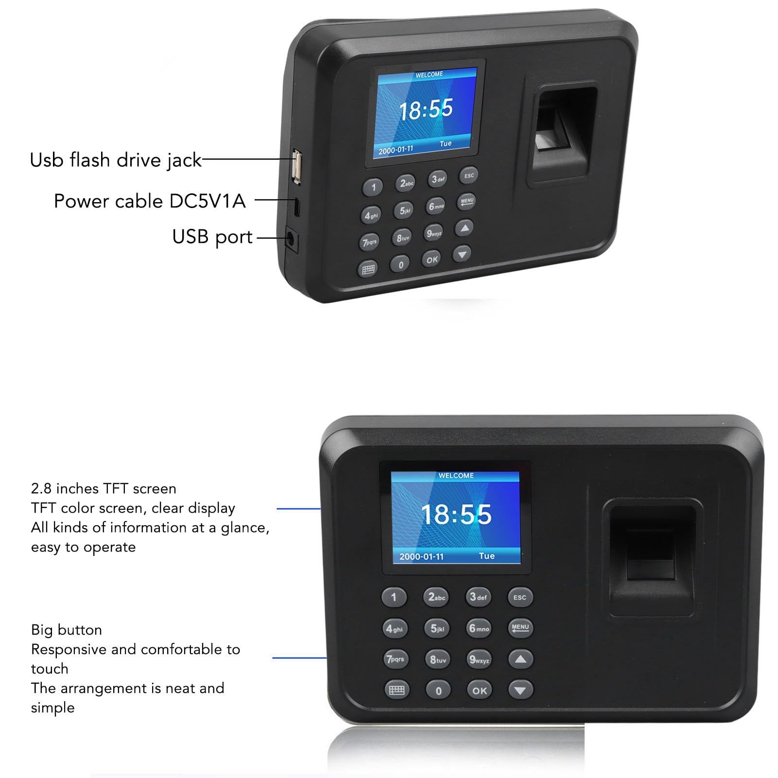 Precise Fingerprint Time Clock for Office, Fast Response, Accurate Attendance Record, Multilingual Support, User-Friendly Operation