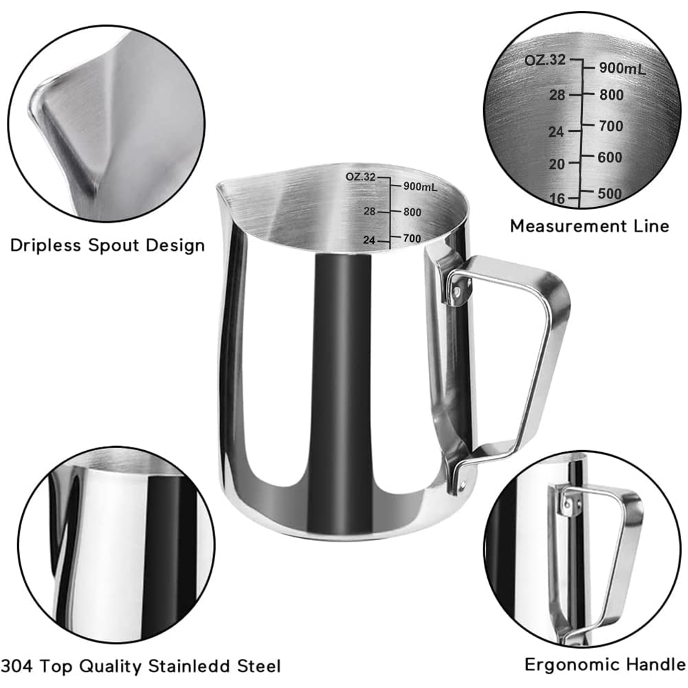 Jarra de espuma de leche de 32 onzas, jarra de acero inoxidable para café y café con leche, taza de espumador de leche, accesorios de máquina de espresso, jarra de herramientas de barista para café