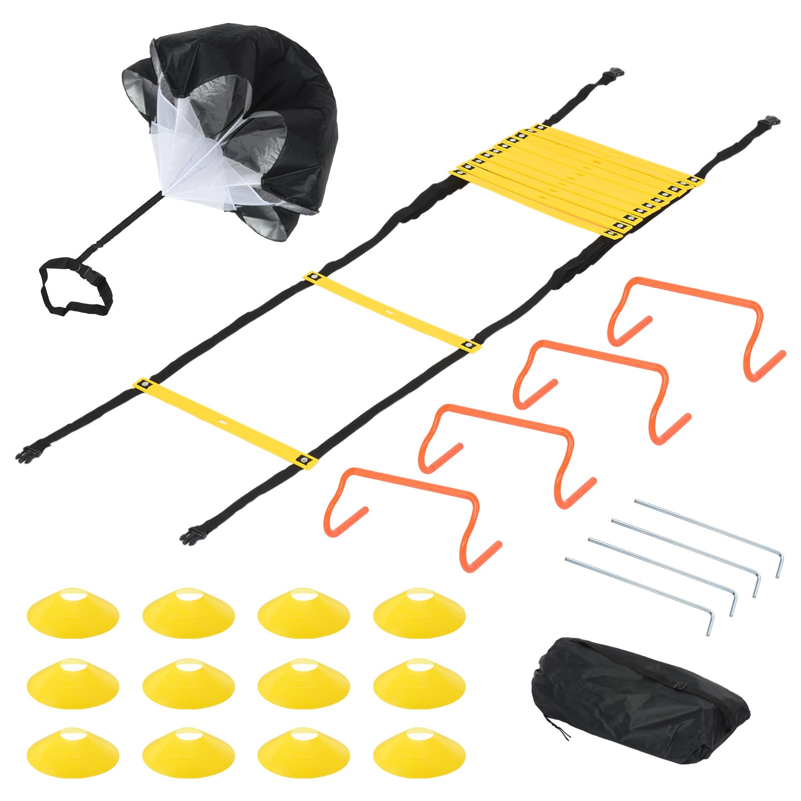 PATIKIL Agilidad Escalera Velocidad Entrenamiento Equipo Incluye 20 pies Agilidad Escalera, 12 Fútbol Conos, Resistencia Paracaídas, 4 Obstáculos Ajustables para Fútbol, Amarillo