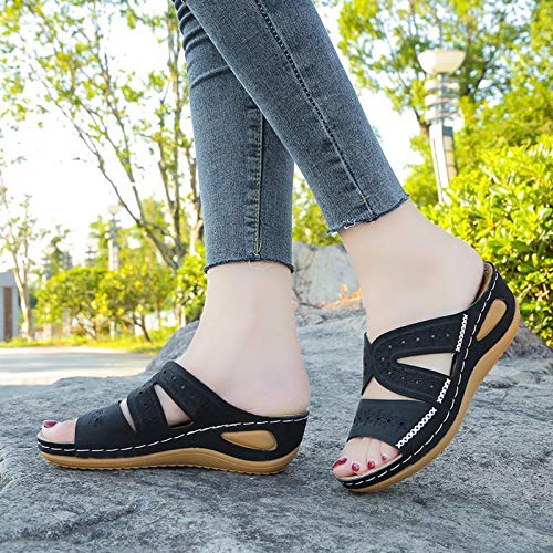 Women's T-Strap Cutout Perforated Embroidered Chunky Platform Wedge Sandal #TOP3
