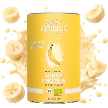 HARVEST REPUBLIC Organic Whey Protein Powder Banana with 100% Real Fruit Powder 320 g Organic Protein Powder Refined with Freeze-Dried Fruits Up to 16 g Protein per Serving