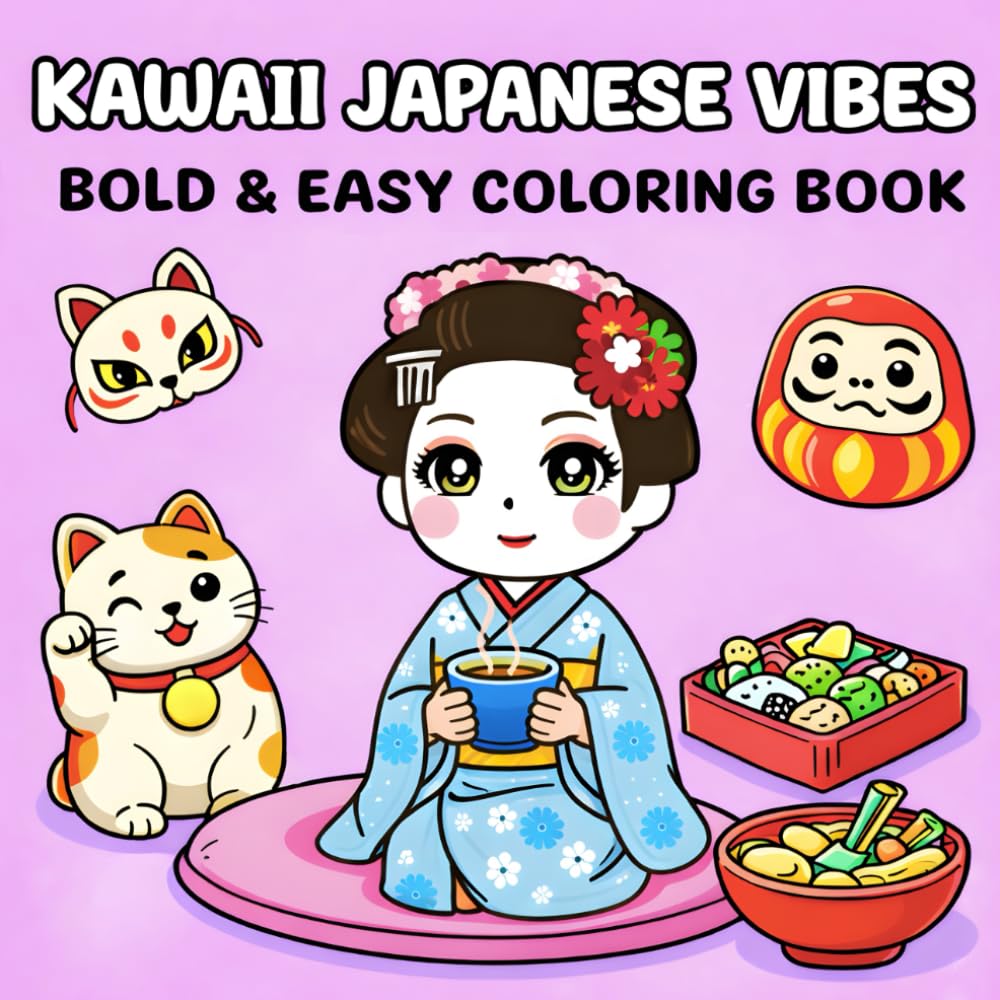 Kawaii Japanese Vibes: Bold & Easy Coloring Book for Kids and Adults with Cozy Japanese Scenes | 50 Pages Inspired by Japanese Culture for Stress ... Scenes for Relaxation and Stress Relief
