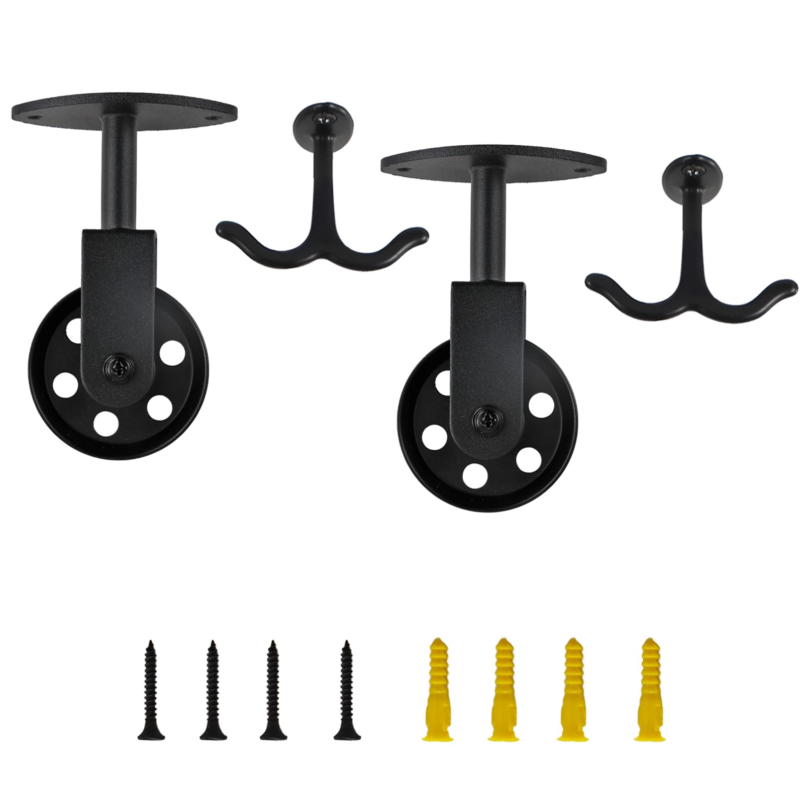 SEEBLEN Black Duty Ceiling Mount Hook Set with Pulley Wheel, Black Metal Hardware Kit, 2 Hooks and 8 Mounting Screws, Ceiling/Wall Mount Hanging Pulleys for DIY