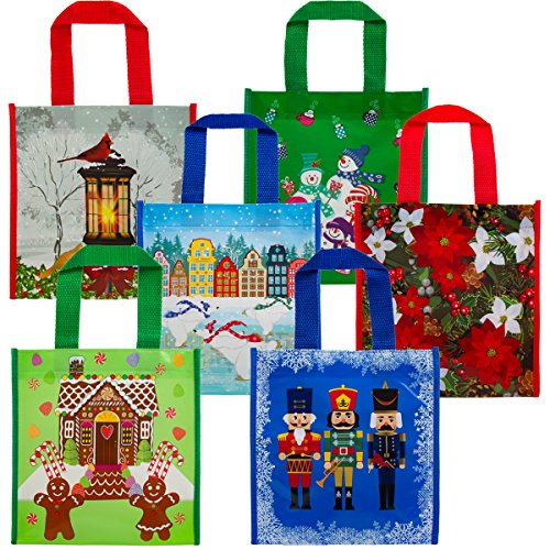 6 Pack Small Holiday Gift Tote Bags Reusable Material For Christmas Presents Cookies Candy Set