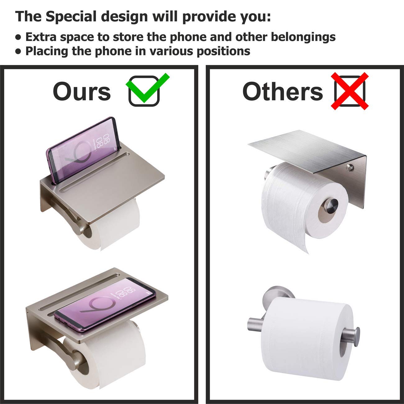 Soporte para Papel higiénico con Estante, Soporte de Papel higiénico de Aluminio con Estante de Almacenamiento para teléfono móvil para baño Moderno, Autoadhesivo 3M, sin taladrar o montado en la