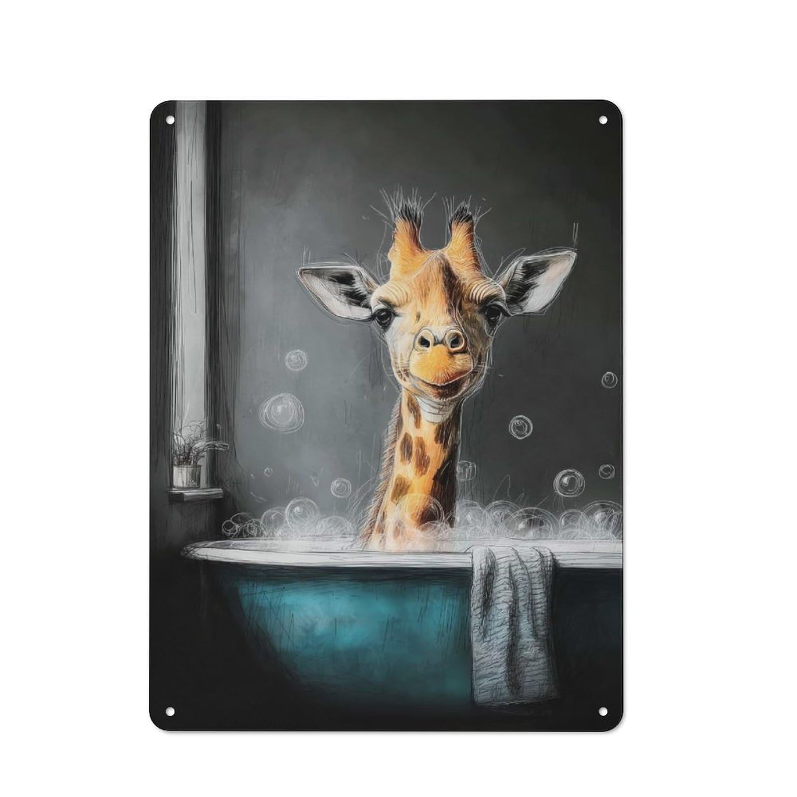 Junmoney Style-12 Giraffe In Bathtub With Bubbles Rustic Tin Sign 40X30cm For Home Office Or Studio, For Vintage Wall Decor Fans, For Home Office And Studio Walls