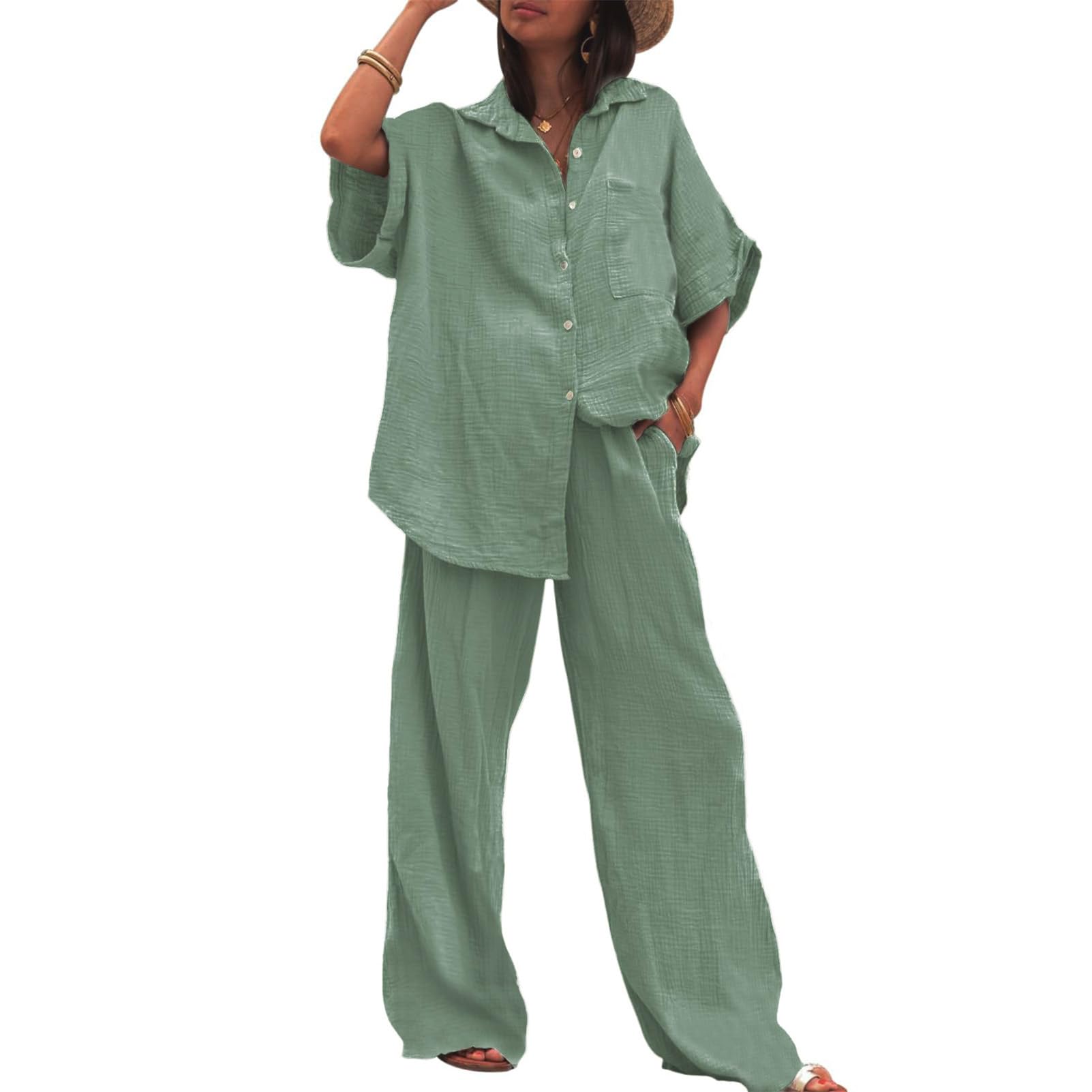 amropi Mujer Conjunto de Manga Corta Botones Camisa y Pantalones Anchos Casual Verano Loungewear