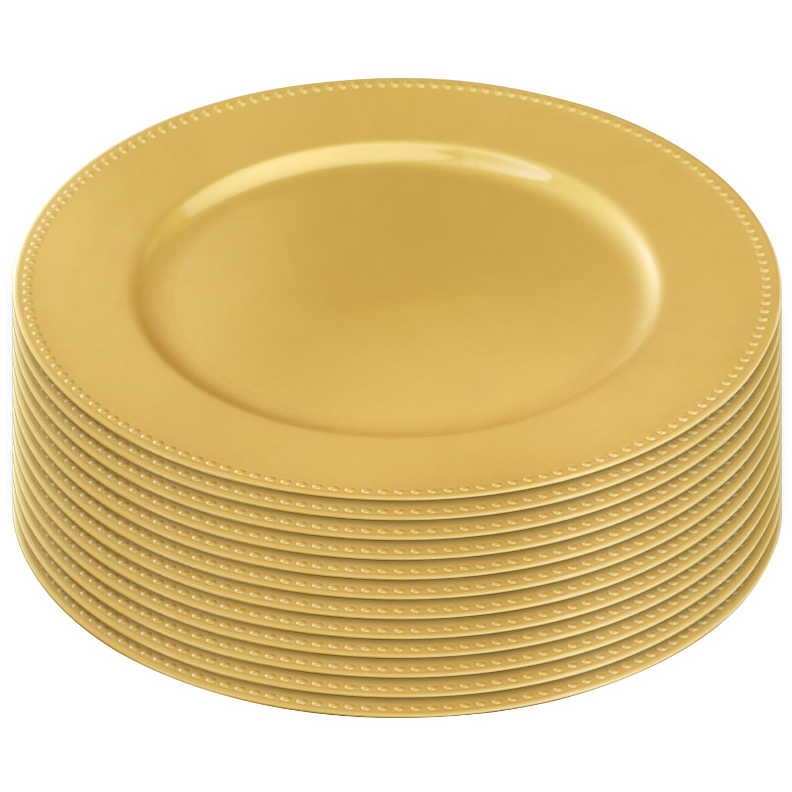 Okllen 12 Pack Plastic Gold Charger Plates, 13" Round Beaded Charger Plates Decorative Dinner Chargers, Embossed Charger Serving Plates for Wedding, Catering Event, Tabletop Decor