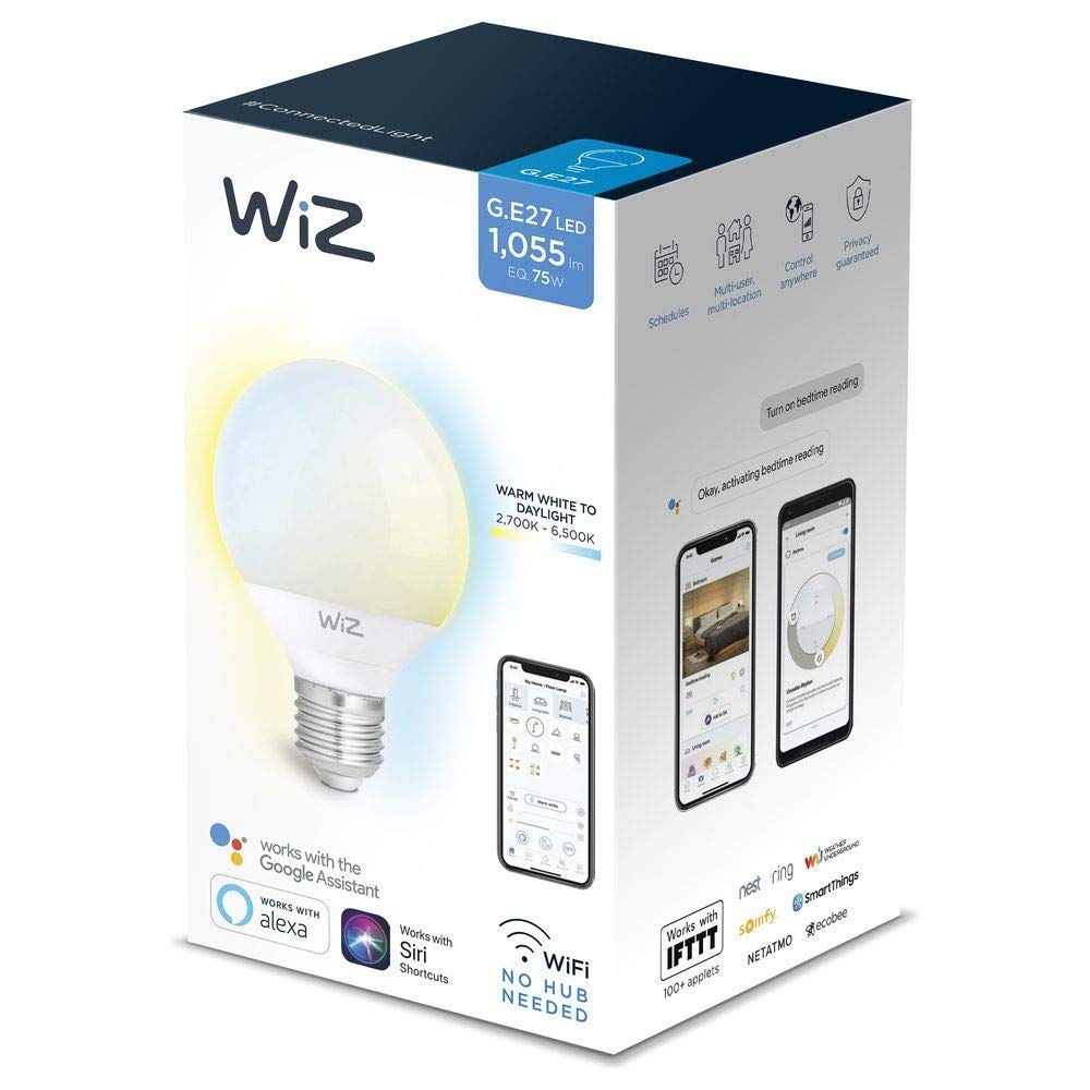 WiZ G2 WarmWhite G95 E27 inteligentna żarówka LED biała (możliwość ściemniania, moc 12 W-75 W, 2700 K, lm1055, aplikacja & Voice Control Alexa, Siri, Google & IFTTT), tworzywo sztuczne, 12 W, ciepła biel, Globe 95-E27