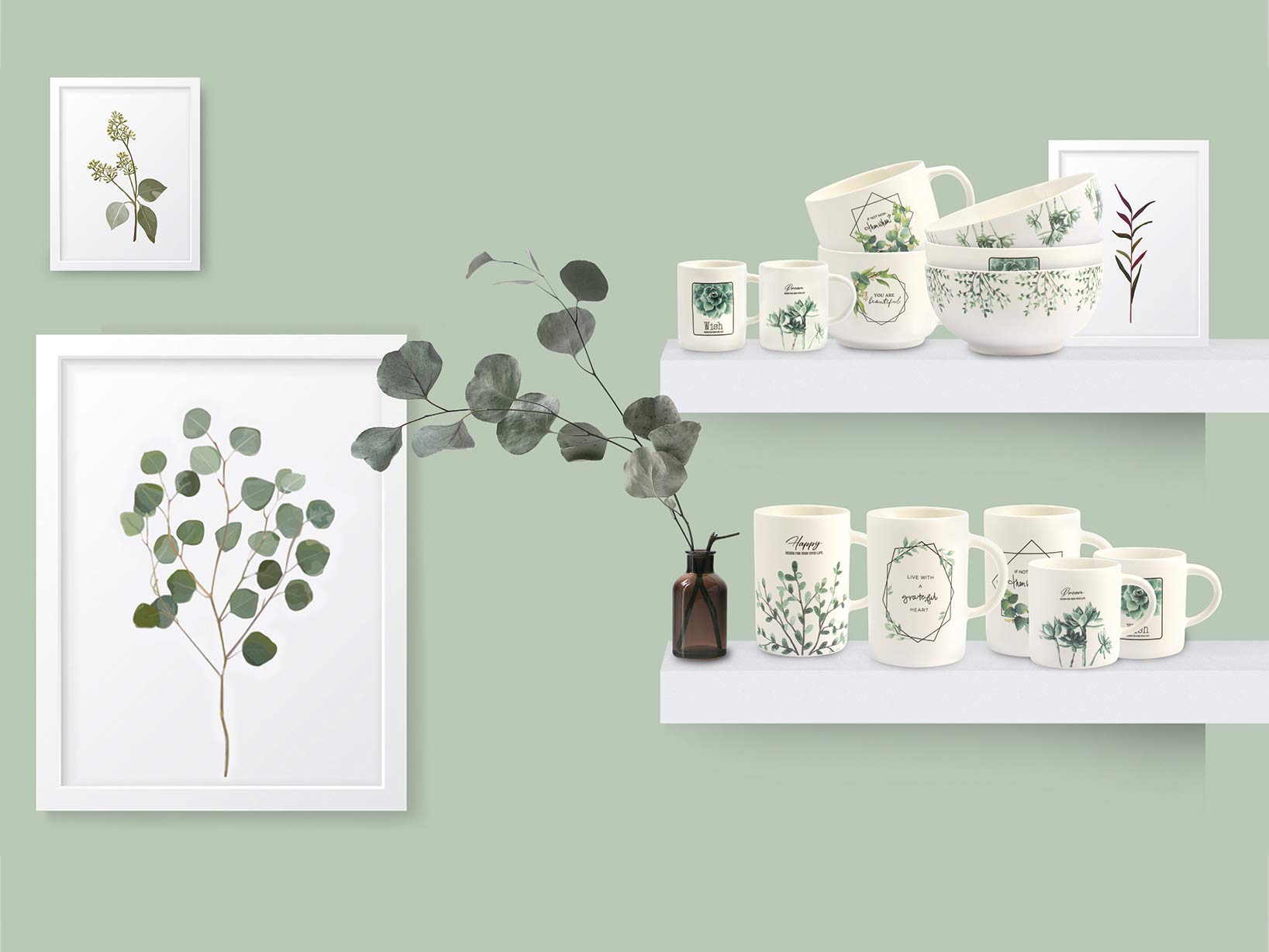 H&H Botanic Set 6 Mug, New Bone China, Decoro Assortito, Cc4