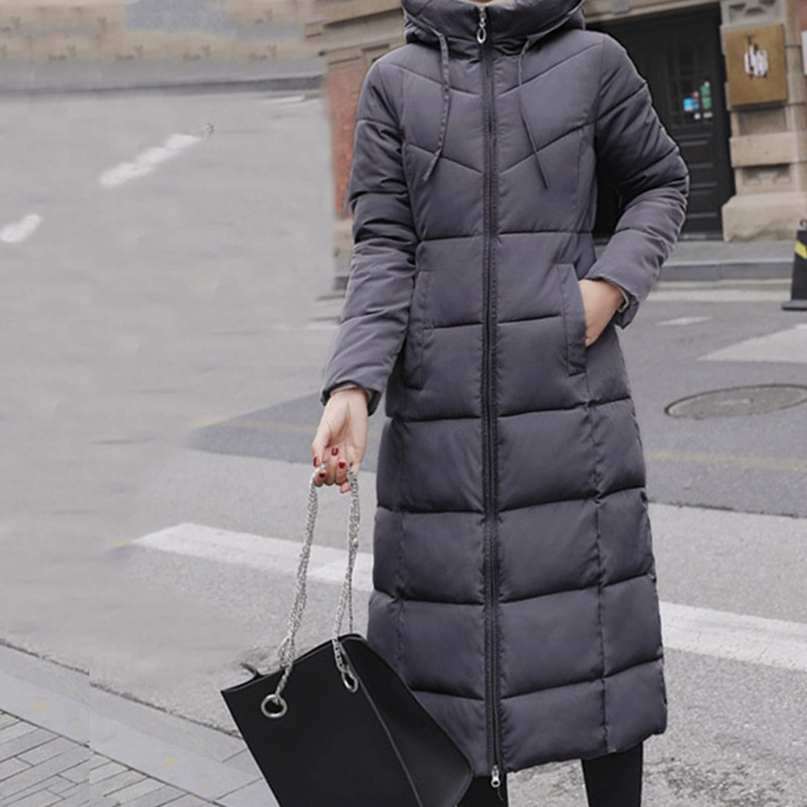 Abrigo de plumón para mujer, largo y ligero, con capucha, abrigo de invierno cálido con cremallera, abrigo acolchado con bolsillo, chaqueta de entretiempo, monocolor, chaqueta acolchada