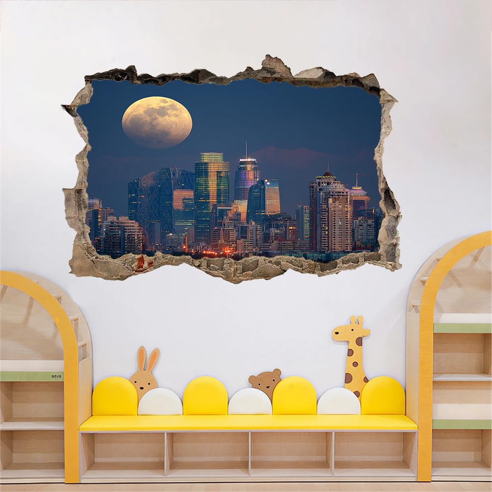 3D Wandtattoo Wanddurchbruch, Stadtsilhouette Durchbruch Wandaufkleber für Kinderzimmer, sticker für Wohnzimmer, Mond Wandsticker, Wandbild Junge Mädchen Schlafzimmer