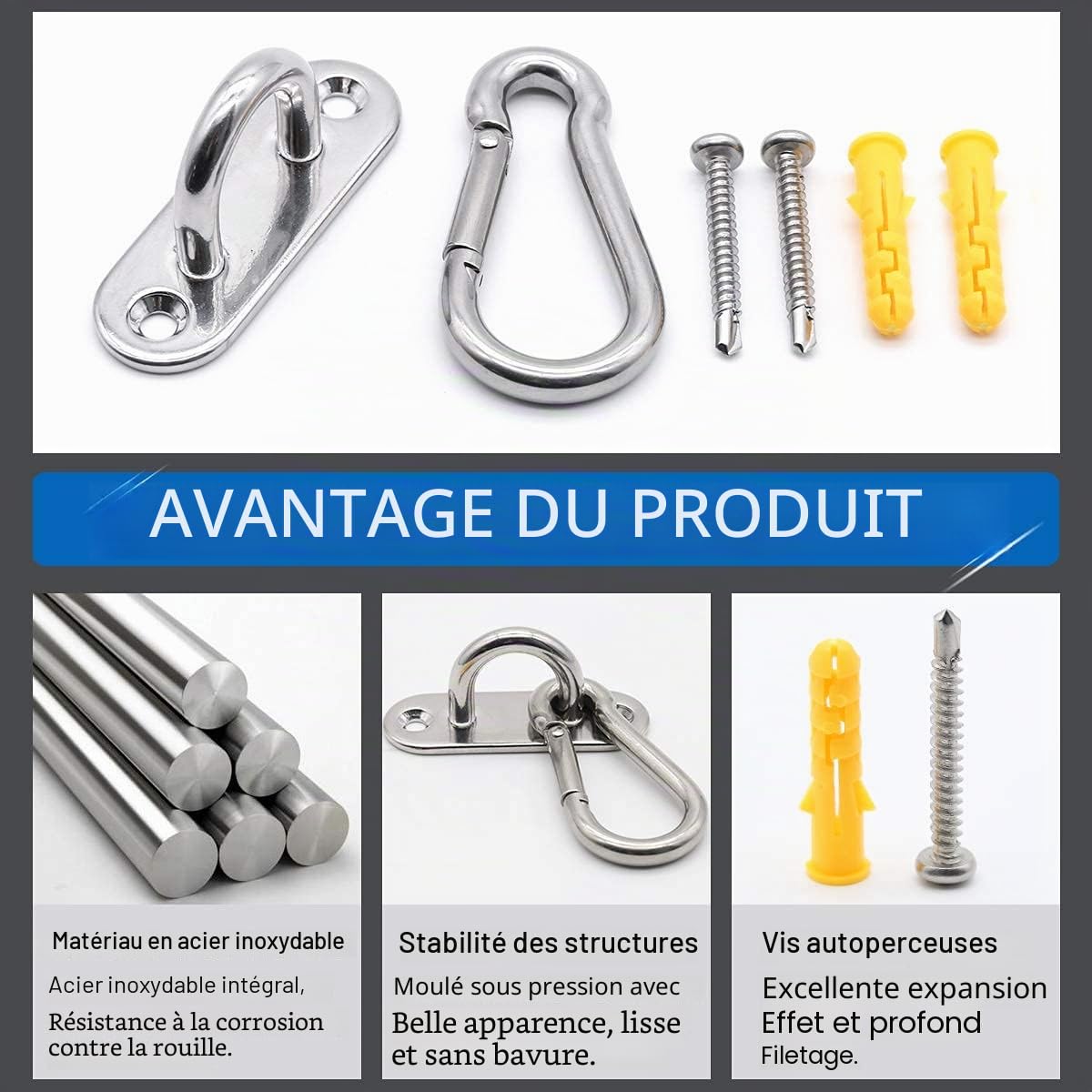 Crochet Plafond 60mm, Pontet INOX M6 (8 Pcs) et Mousquetons M6 (8 Pcs), Combinaison de Crochet Plafond de 60mm de Long