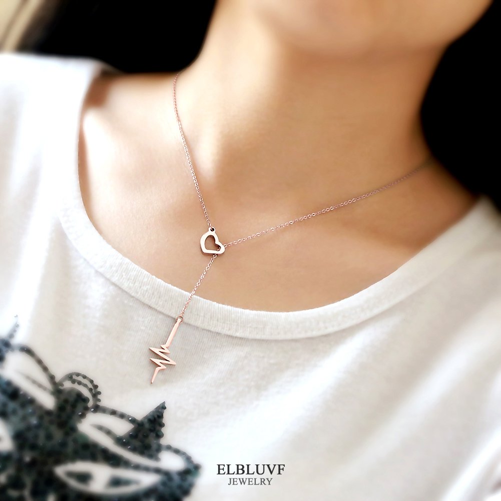 Collar Lariat Y de acero inoxidable de 18 quilates con corazón y corazón, Acero inoxidable 2