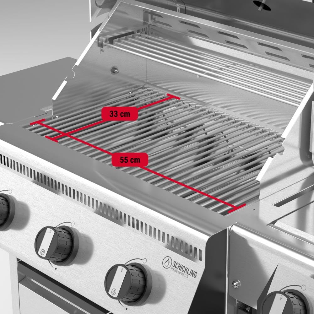 Schickling Gasgrill "Henry L - Deluxe" Edelstahlgrill Grillwagen mit Unterschrank, Doppelwandigem Deckel, 3 Brenner, 800 Grad Seitenbrenner & 3-teiligem Grillrost - Made in Germany