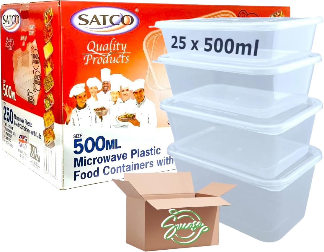 Sucasa Clear Plastic Food Takeaway Heavy Duty Satco Plastic Containers With Lids 25X500ml | Durable Microwavable | Heavy Duty | Takeaway | Reusable & Disposable
