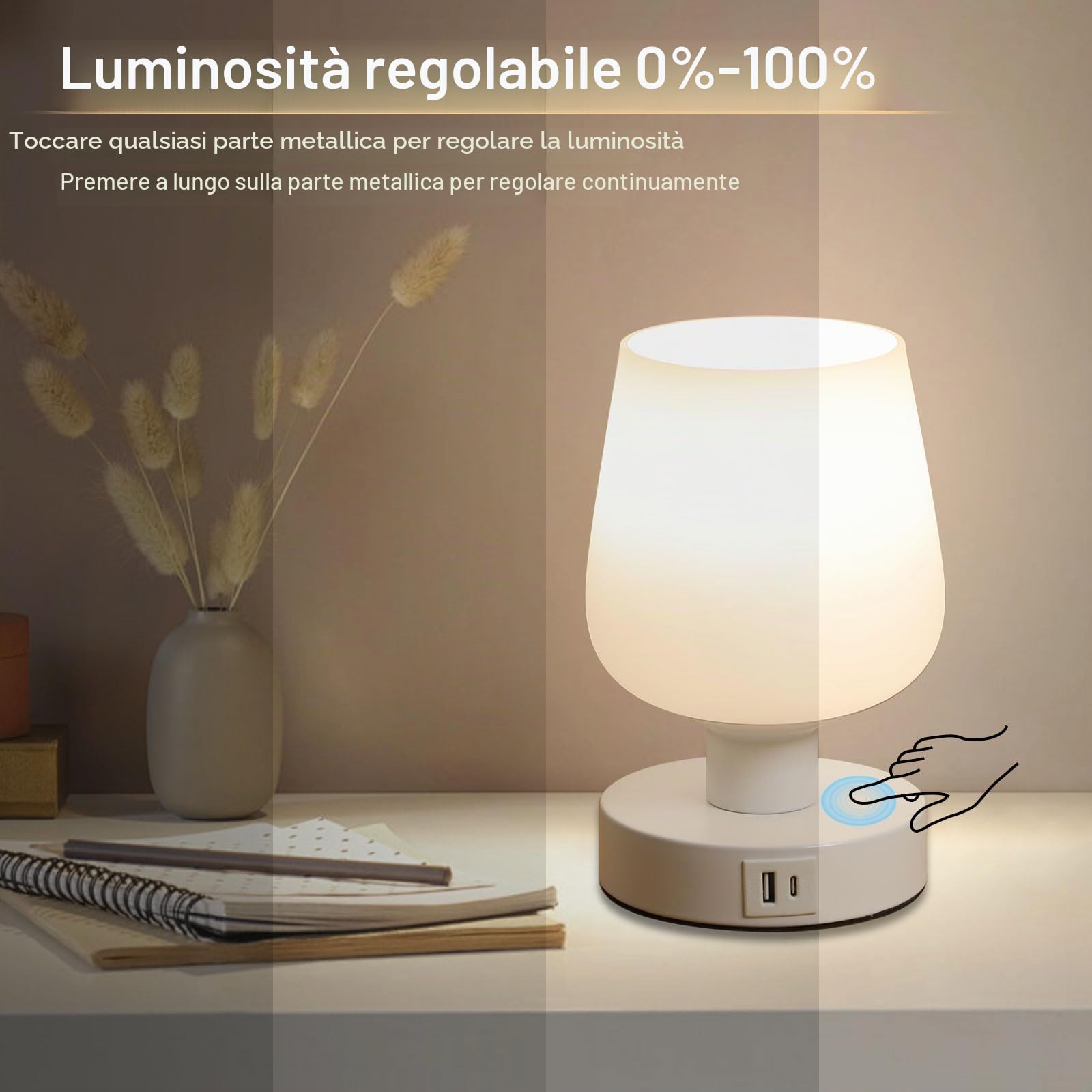 Lightess Touch - Lampada da comodino touch, regolabile, per camera da letto, con porte di ricarica USB A+C, moderna, piccola, con paralume in vetro opale bianco e lampadina LED, temperatura del colore