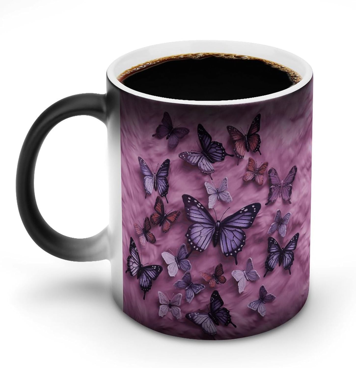 Color Changing Mug All Butterflies Are on Purple Background Printed Ceramic Coffee Mug Heat Changing Sensitive Mug Magic Heat Changing Coffee Mug Novelty Coffee Mugs