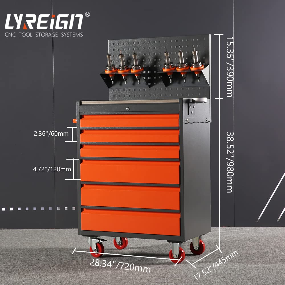 Carro de herramientas CNC, armario de herramientas con cajón, carro, gran capacidad de seis cajones con cerradura, rodante, BT30/40, HSK63 naranja y gris