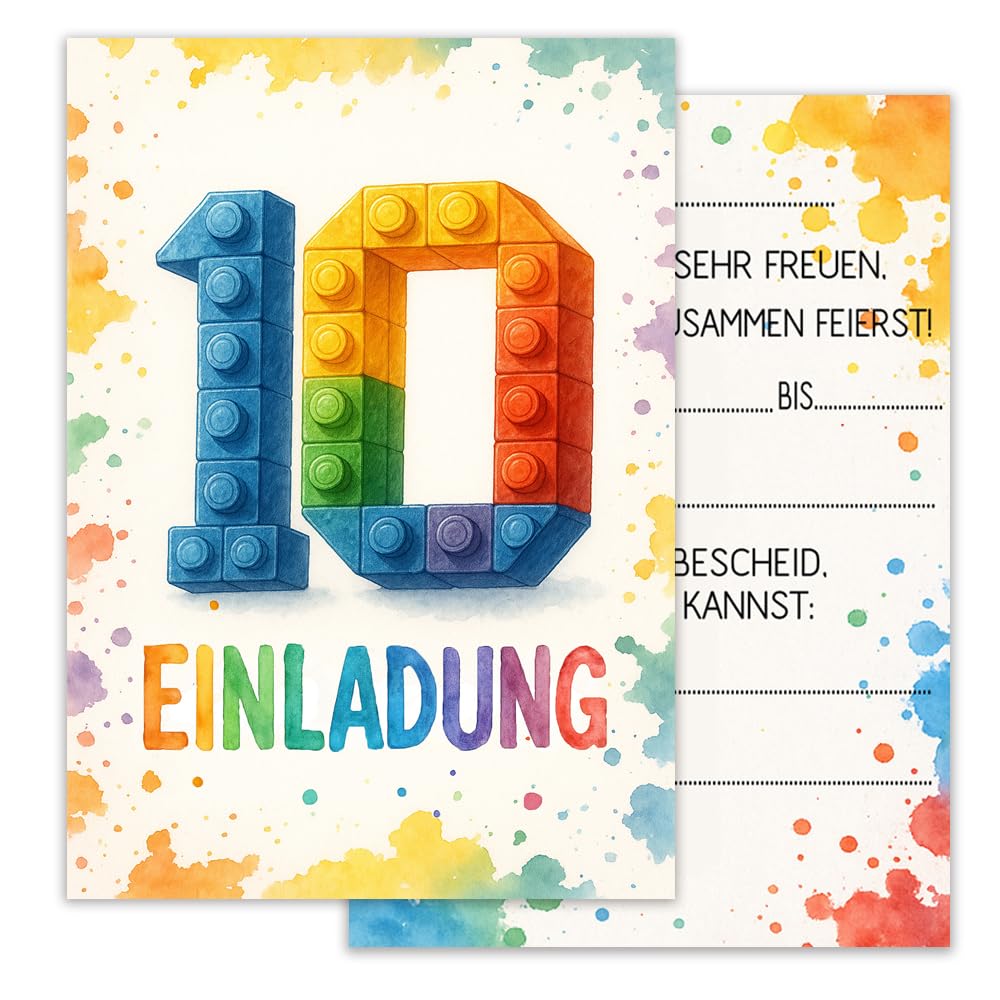 ZELAITE 12 Stück 10. Geburtstag Bausteine Einladungskarten, Baustein Einladungen Kindergeburtstag Mädchen und Junge, Blocks Einladungskarten inkl. 12 Briefumschlägen, Einladungskarten Kids (10)