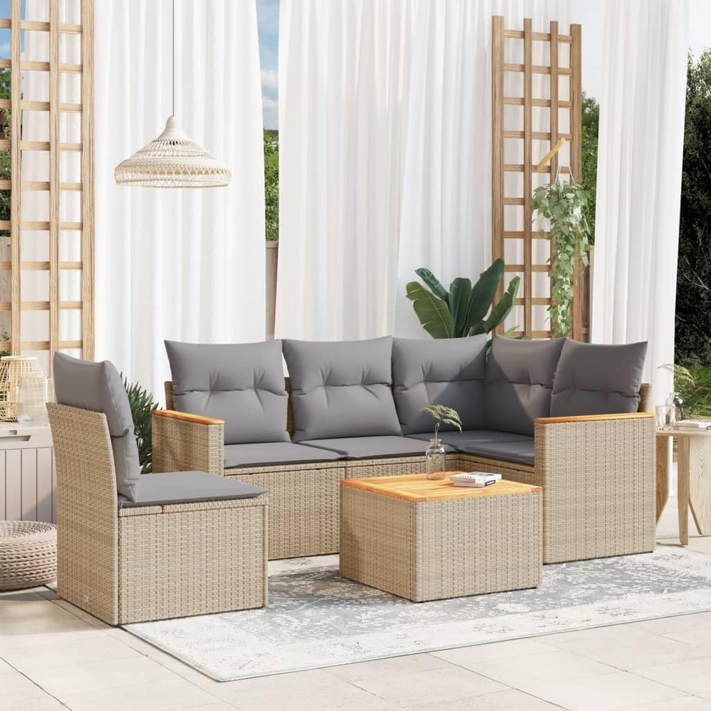 vidaXL Salon de Jardin avec Coussins 6 pcs, Canapés de Terrasse, Ensemble de Meubles de Patio, Mobilier d'Extérieur, Beige Résine Tressée