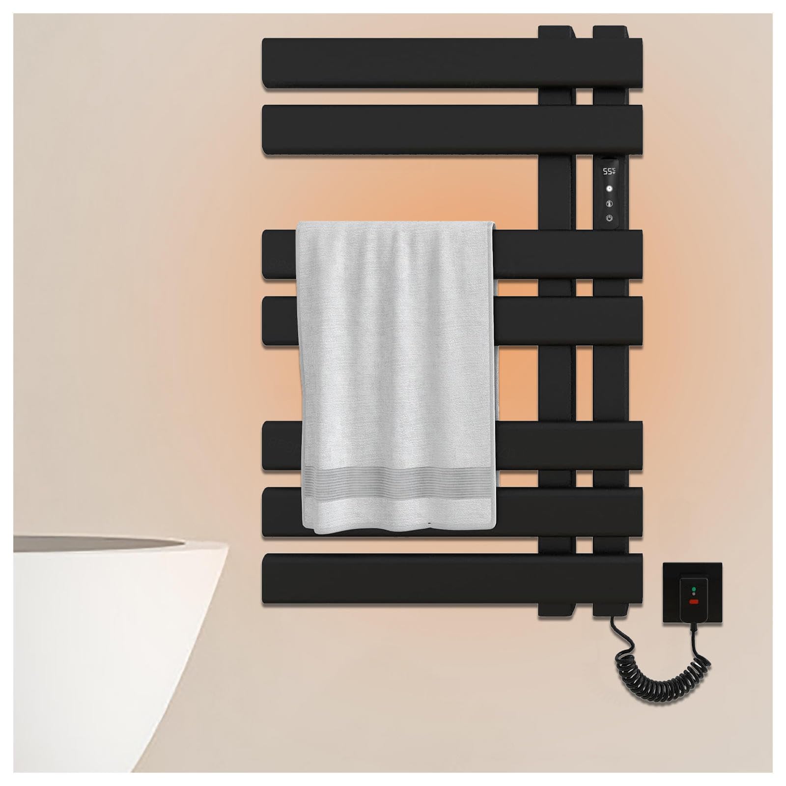 Heated Towel Rack, Electric Towel Warmers for Bathroom with Timer,LED Display,Constant Temperature Control, Heater Towel Warmer Wall Mounted Plug-in/Hardwired,B-Black