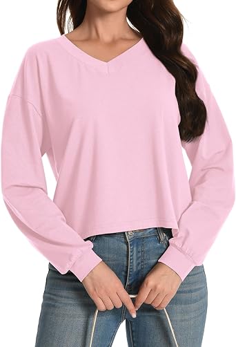 Long Sleeve Crop Tops for Women Loose Cropped Tshirt V Neck Tees Casual Cotton Athletic Workout Shirts