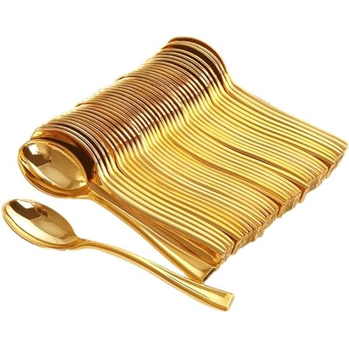 Tenedor de plástico de 9,8 cm, cuchara de postre de oro rosa metalizada, mini Spork de postre dorado (mini cuchara dorada 24 piezas) Cover