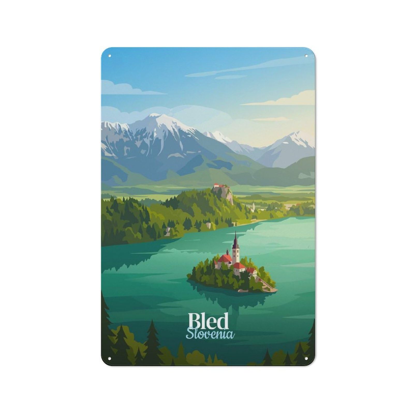Junmoney Style-17 Lake Bled Travel Retro Tin Wall Plaque 30X20cm For Hobby Room Or Studio, For Garage, Workshop And Man Cave Decoration