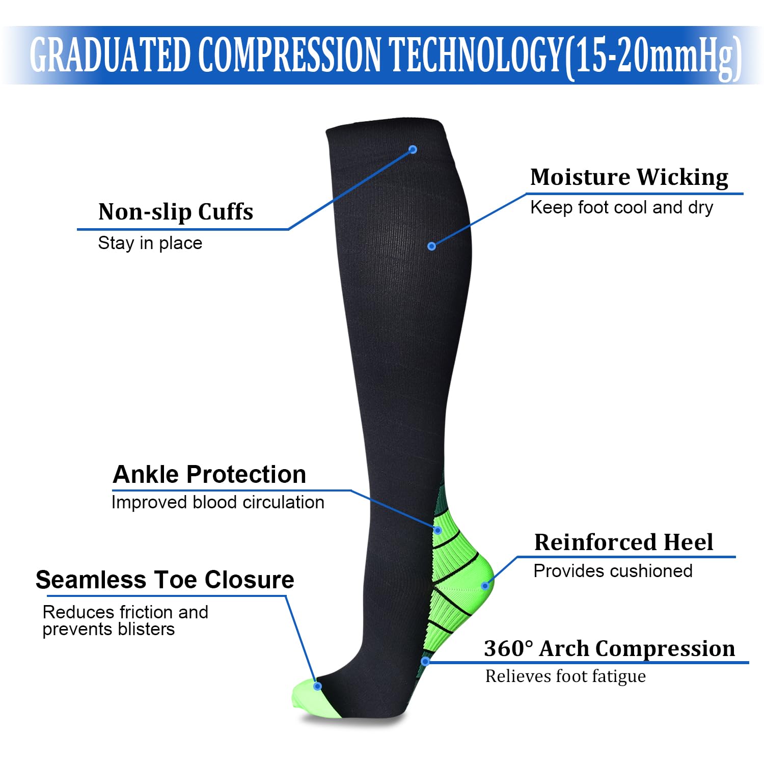 6 Pares Calcetines de Compresión para Mujeres y Hombres 15-20 mmHg Medias de Compresion Graduada Socks Protección Muscular Deporte Correr Vuelos Viajes Ciclismo Enfermeras Circulación