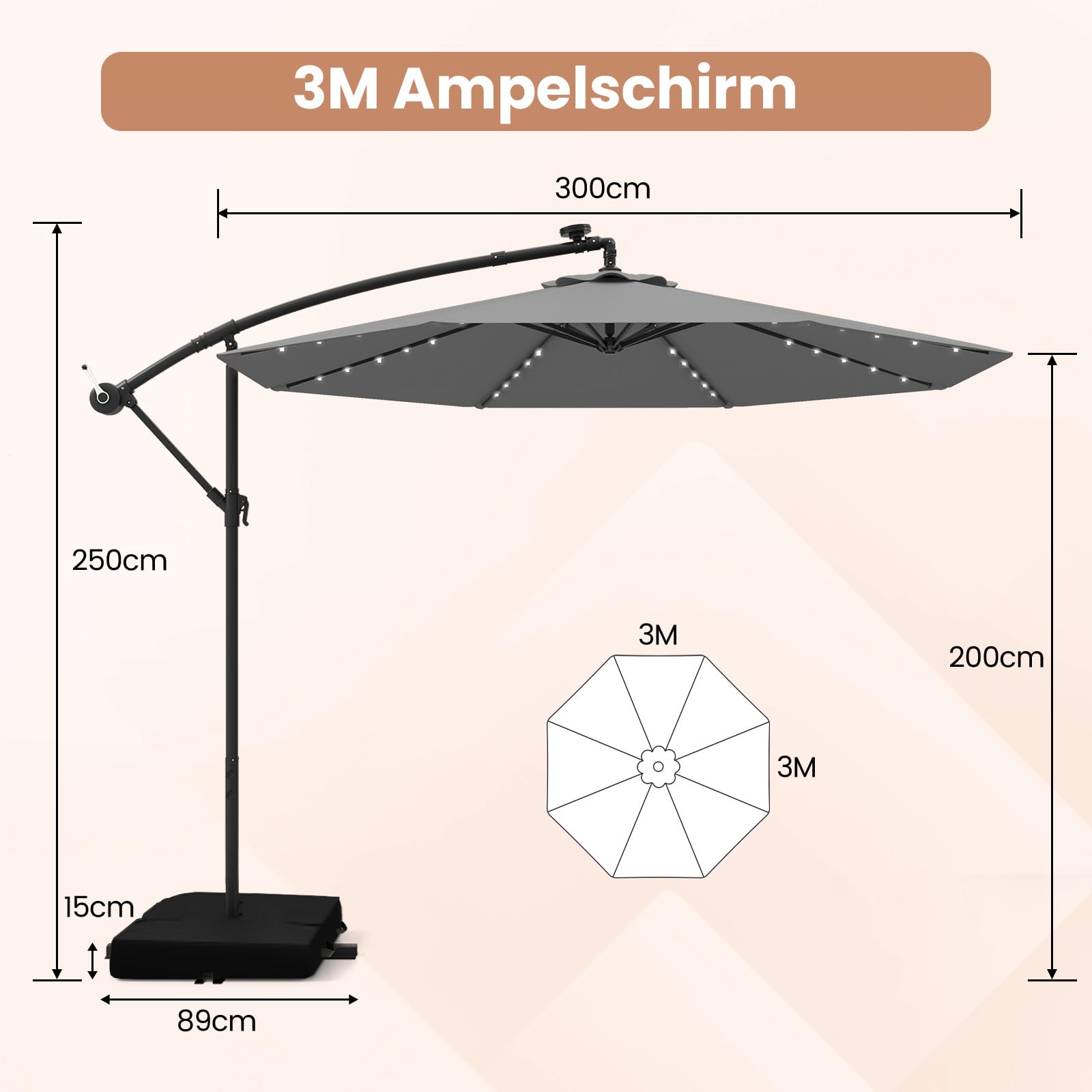 COSTWAY 300 cm Sonnenschirm mit Ständer und LED-Leuchten, Ampelschirm mit Kurbel, Gartenschirm, UV-Schutz, Marktschirm, Terrassenschirm für Garten, Pool, Terrasse (Grau)