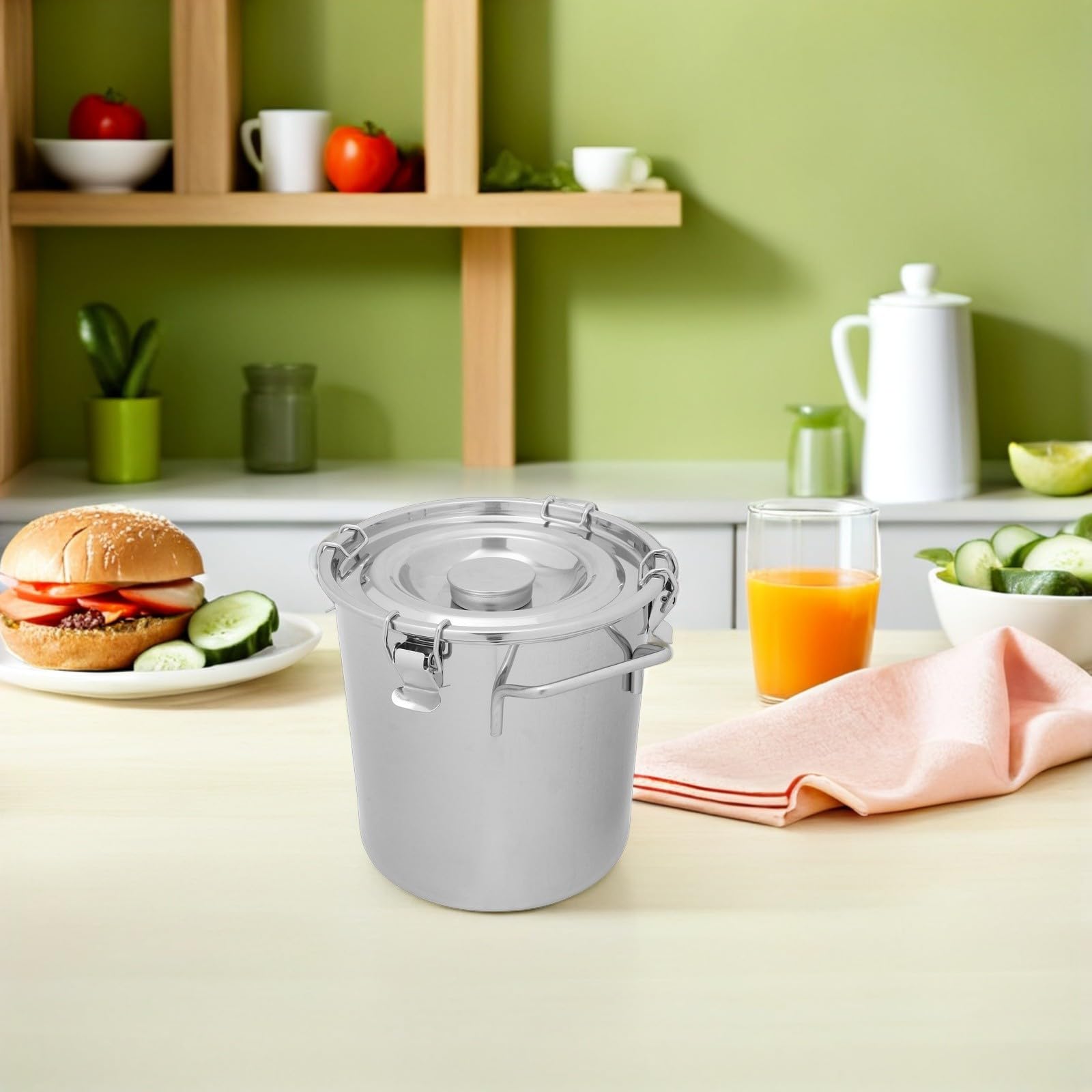 Zerodeko Seau en Acier Inoxydable 7 L Hermétique avec Couvercle à Loquet pour Stockage D'huile et Farine, Récipient Étanche pour Usage Domestique et Industriel