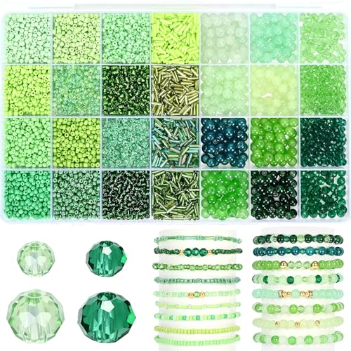 Vtssvow Glass Beads for Jewelry Making Seed Round Glass Beads with Faceted Crystal Beads for Bracelets Beaded Plants DIY Crafts Green