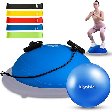 kisnbld Half Balance Ball Trainer, Inflatable 19/23 Inch Half Exercise Ball with Resistance Bands and Pilates Ball, Non-Slip 660lbs Capacity Yoga Ball for Home Gym Full Body Workouts
