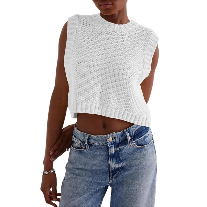 Y2K Women Backless Tie Up Knit Crop Sweater Vest Sleeveless Round Neck Split Open Back Pullover Fall Tank Tops